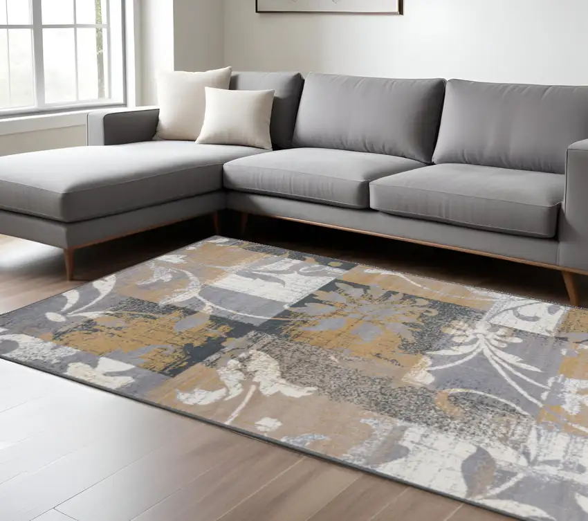Beige And Black Floral Distressed Area Rug Photo 1