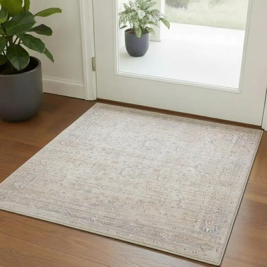 Beige And Gray Floral Square Rug Photo 1
