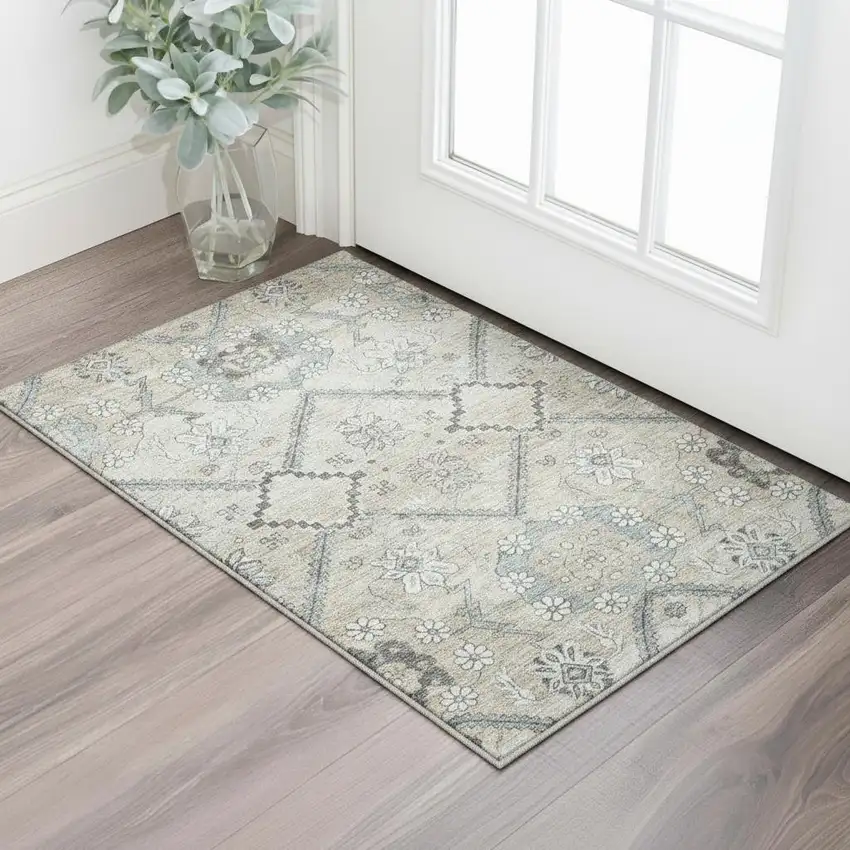 Beige And Gray Floral Washable Area Rug With UV Protection Photo 2