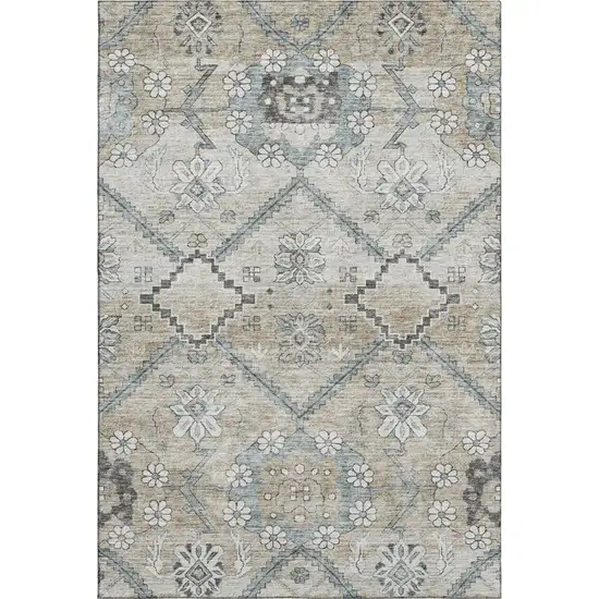 Beige And Gray Floral Washable Area Rug With UV Protection Photo 1