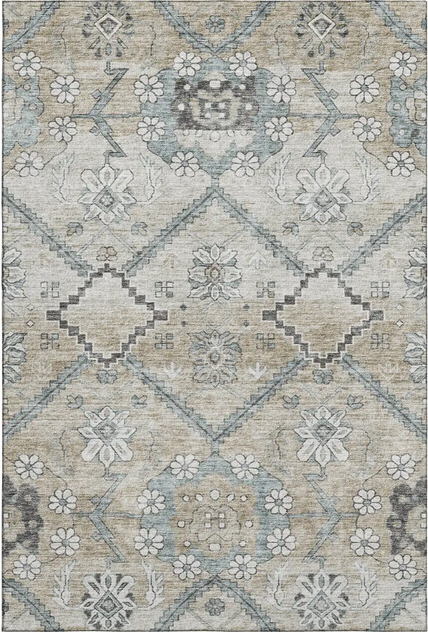 Beige And Gray Floral Washable Area Rug With UV Protection Photo 1
