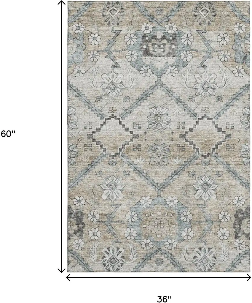 Beige And Gray Floral Washable Area Rug With UV Protection Photo 3