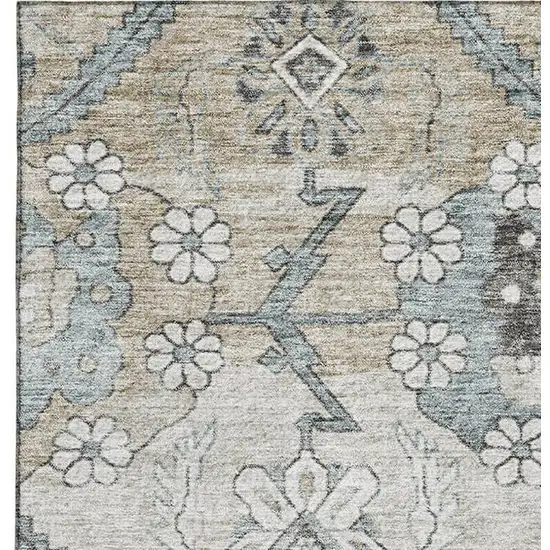 Beige And Gray Floral Washable Area Rug With UV Protection Photo 3