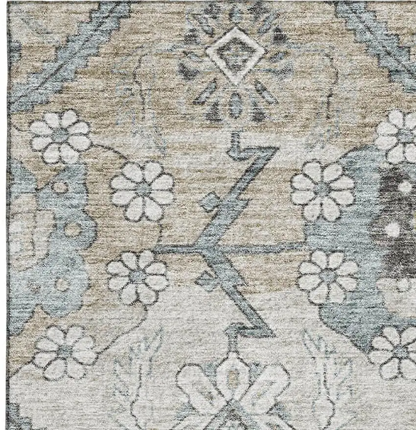 Beige And Gray Floral Washable Area Rug With UV Protection Photo 3