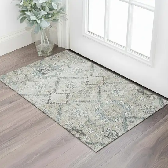 Beige And Gray Floral Washable Area Rug With UV Protection Photo 1