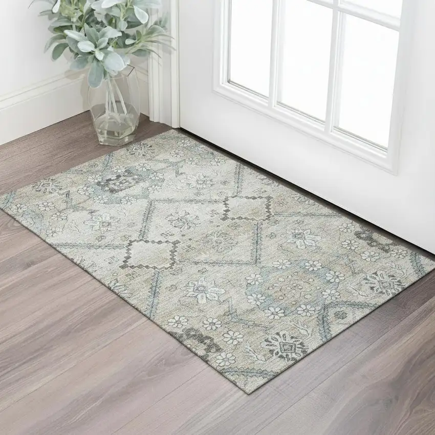 Beige And Gray Floral Washable Area Rug With UV Protection Photo 1