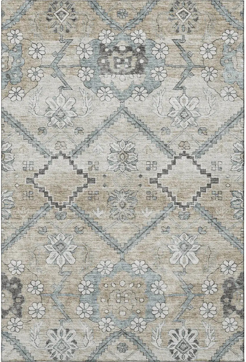 Beige And Gray Floral Washable Area Rug With UV Protection Photo 4