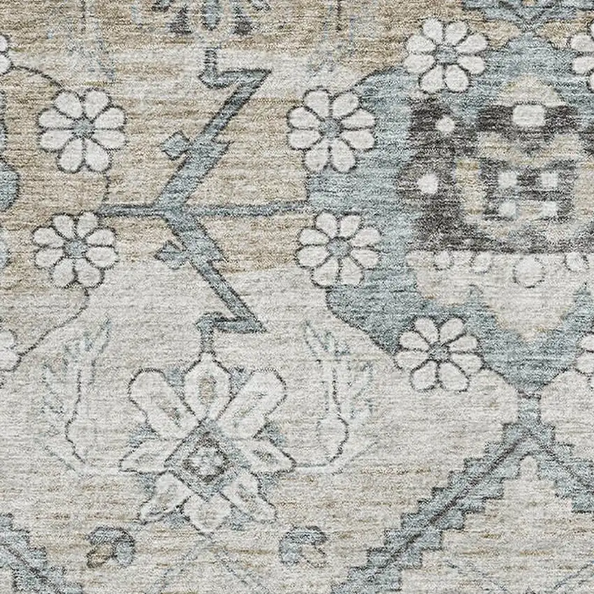 Beige And Gray Floral Washable Area Rug With UV Protection Photo 3