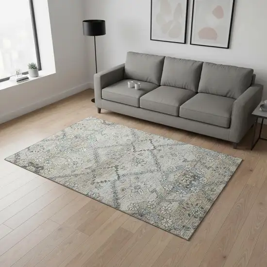 Beige And Gray Floral Washable Area Rug With UV Protection Photo 2
