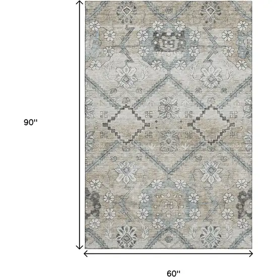 Beige And Gray Floral Washable Area Rug With UV Protection Photo 3