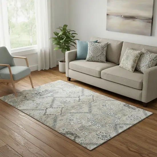 Beige And Gray Floral Washable Area Rug With UV Protection Photo 1