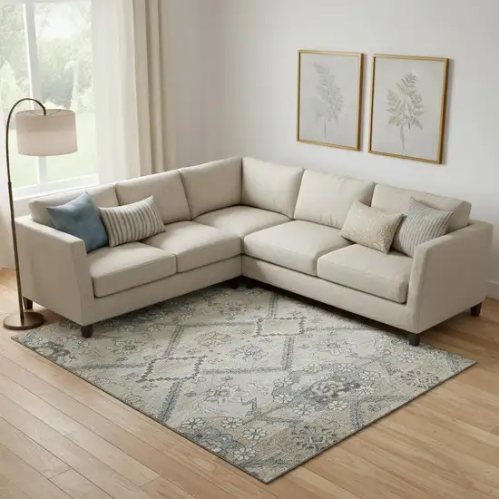 Beige And Gray Floral Washable Area Rug With UV Protection Photo 1