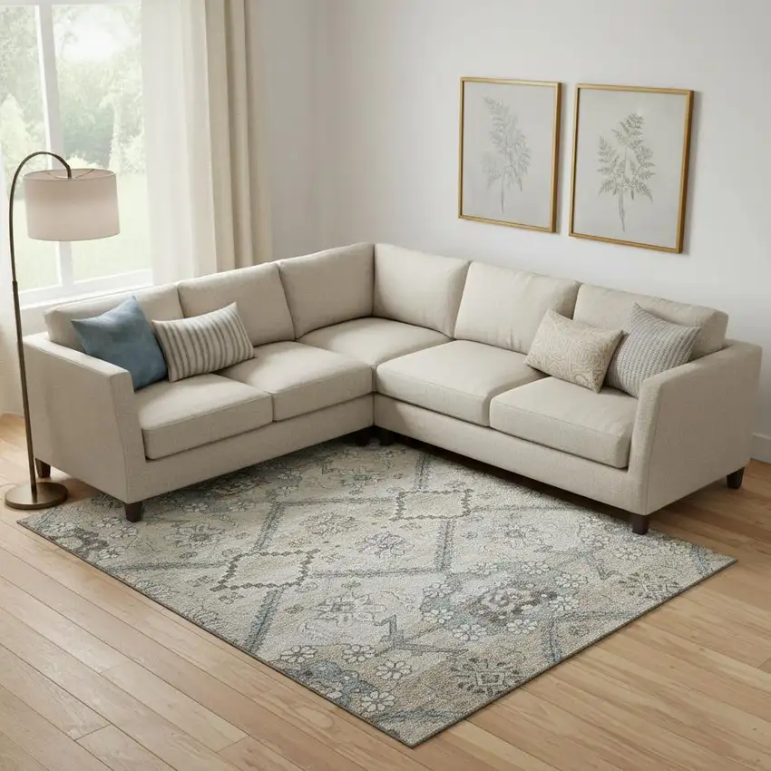Beige And Gray Floral Washable Area Rug With UV Protection Photo 1