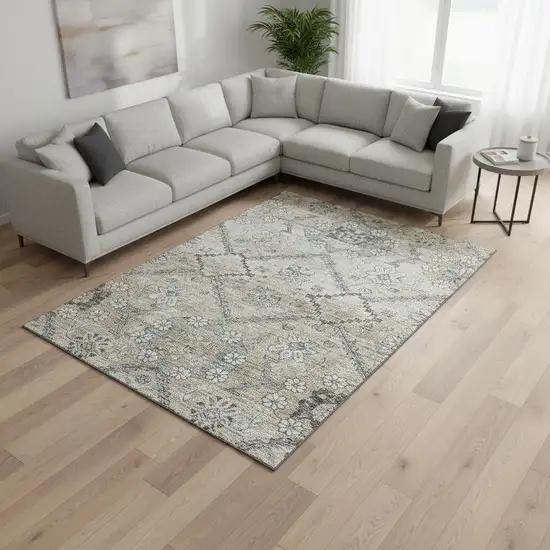 Beige And Gray Floral Washable Area Rug With UV Protection Photo 2