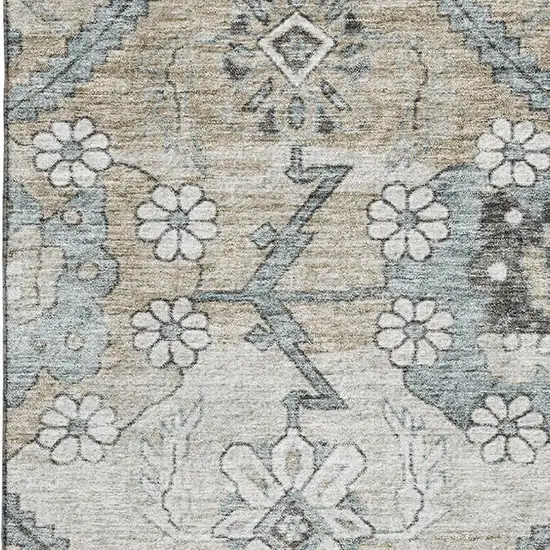 Beige And Gray Floral Washable Area Rug With UV Protection Photo 3