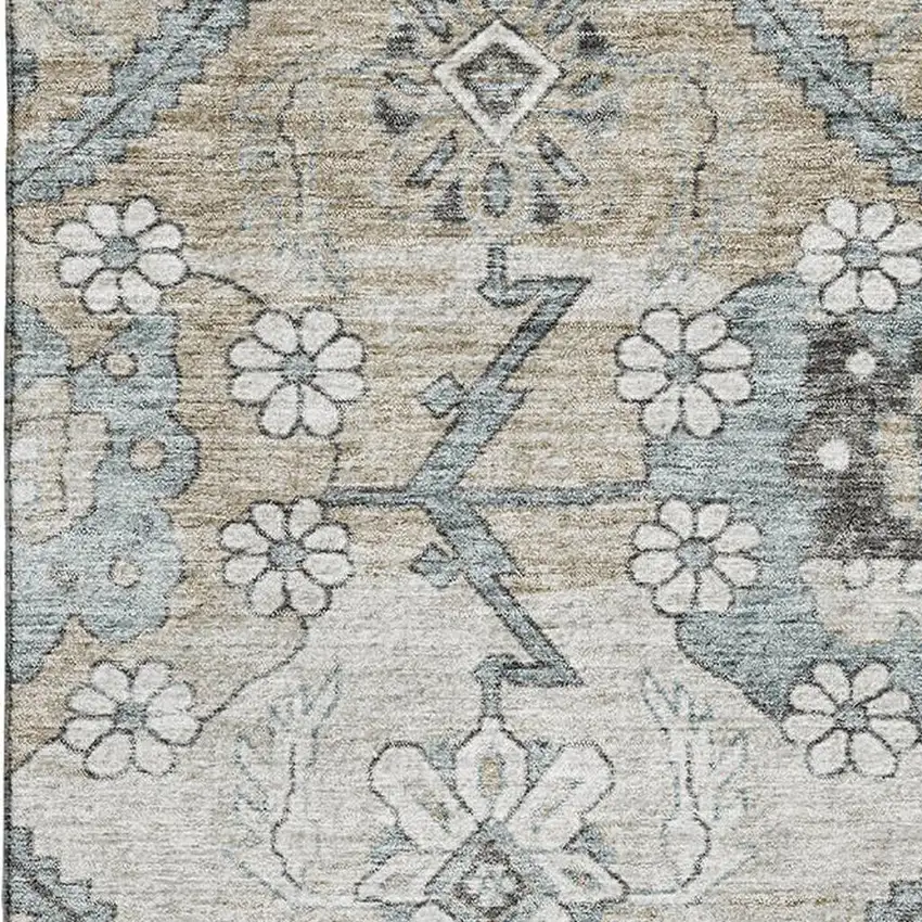 Beige And Gray Floral Washable Area Rug With UV Protection Photo 3