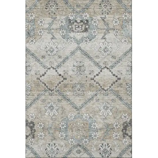 Beige And Gray Floral Washable Area Rug With UV Protection Photo 3