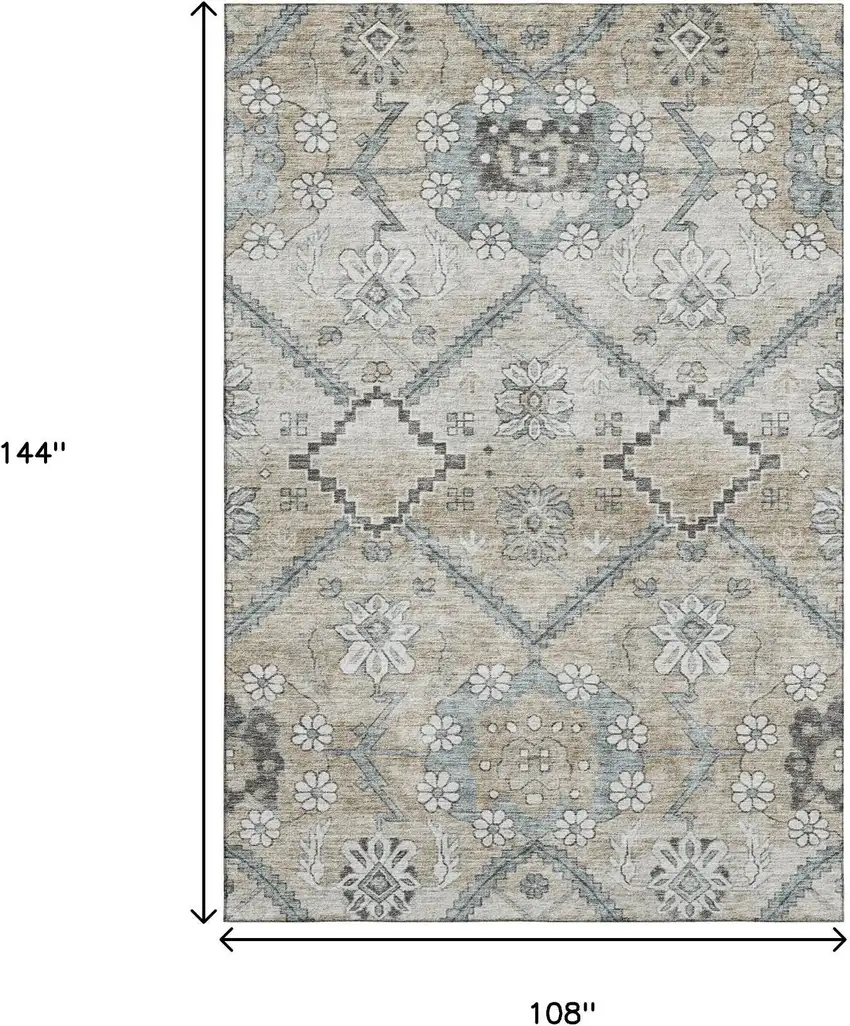 Beige And Gray Floral Washable Area Rug With UV Protection Photo 3
