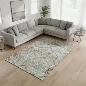 Photo of Beige And Gray Floral Washable Area Rug With UV Protection
