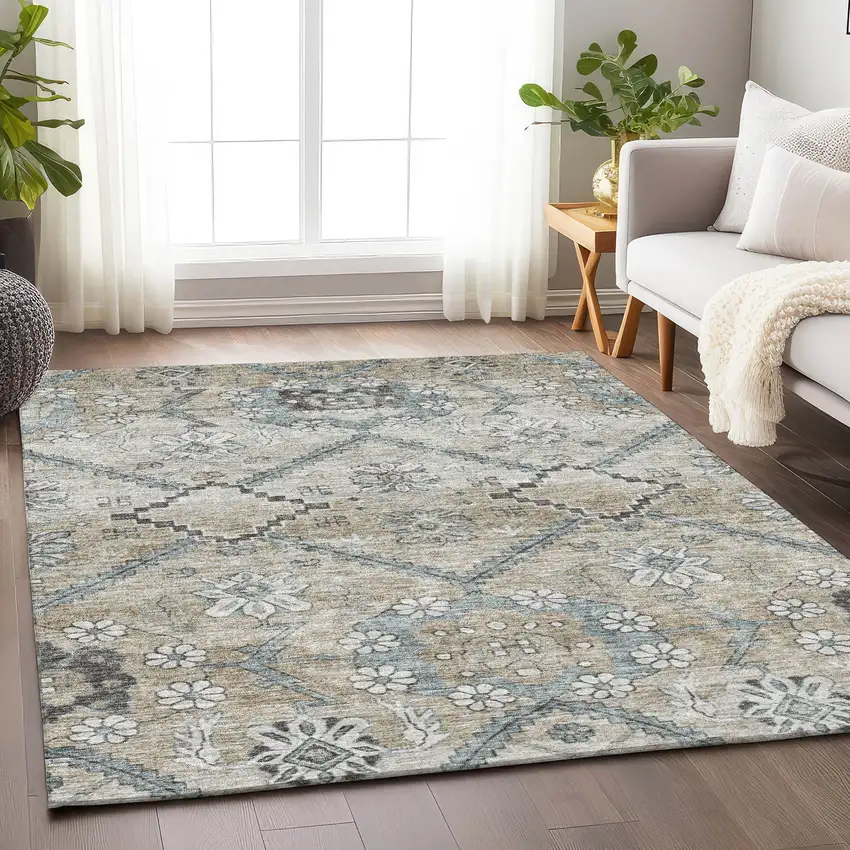 Beige And Gray Floral Washable Area Rug With UV Protection Photo 5