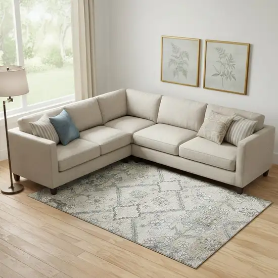 Beige And Gray Floral Washable Area Rug With UV Protection Photo 1