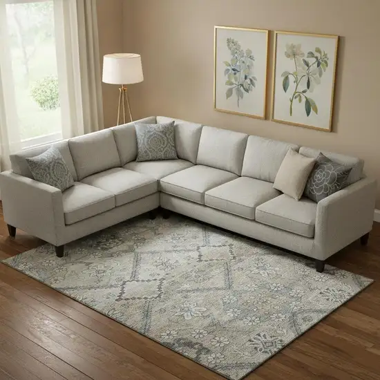 Beige And Gray Floral Washable Area Rug With UV Protection Photo 1