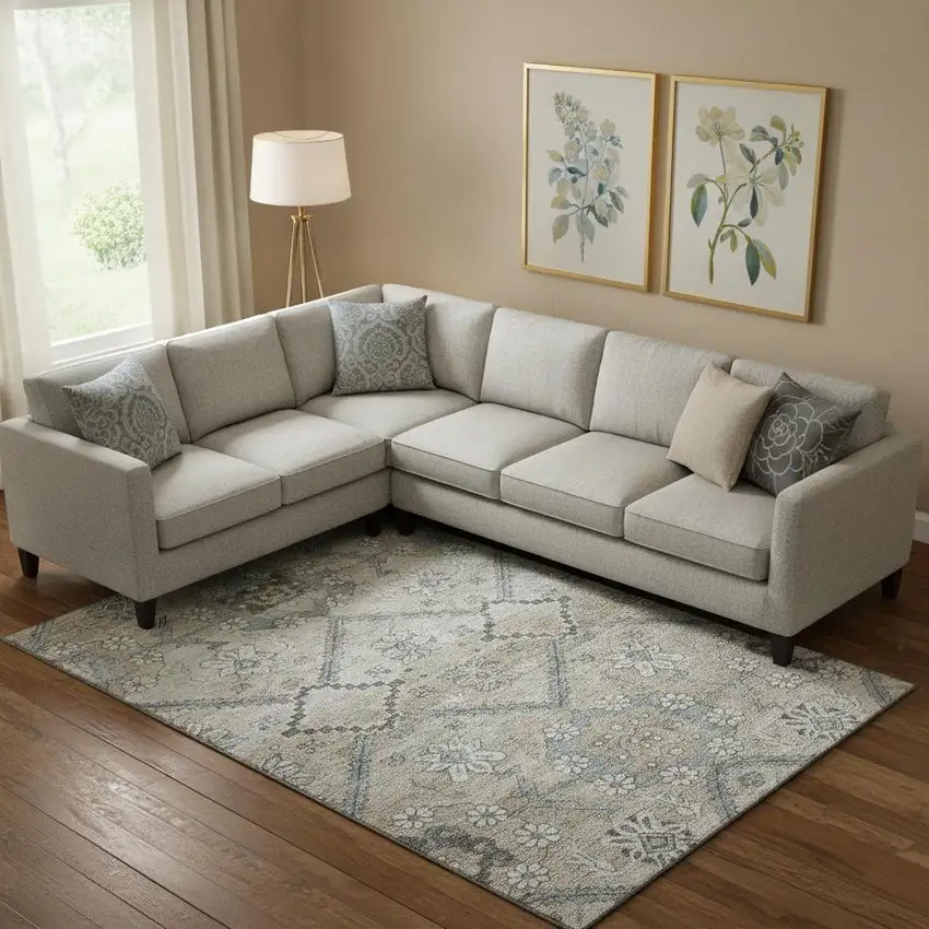 Beige And Gray Floral Washable Area Rug With UV Protection Photo 1