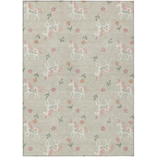 Beige And Gray Floral Washable Indoor Outdoor Area Rug Photo 2