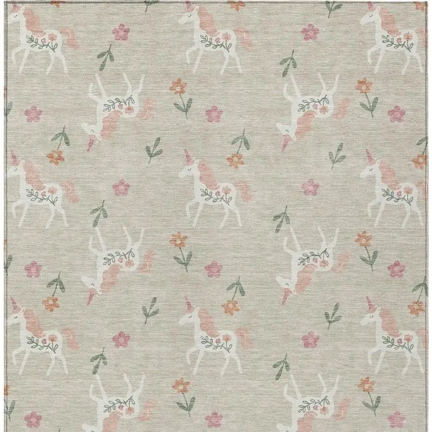 Beige And Gray Floral Washable Indoor Outdoor Area Rug Photo 4