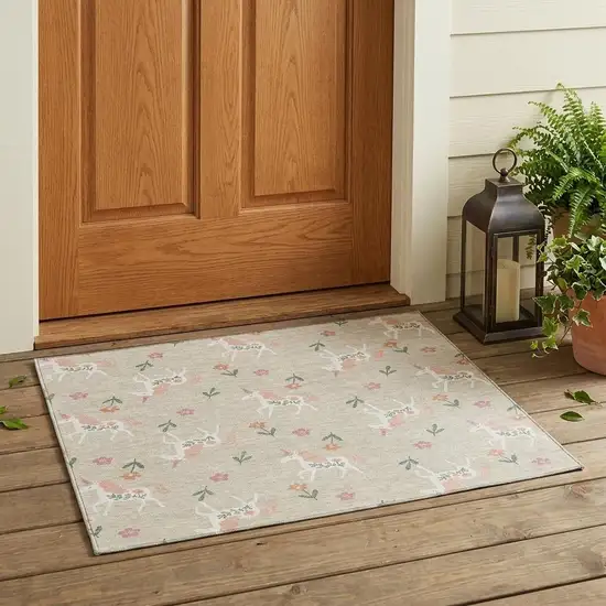 Beige And Gray Floral Washable Indoor Outdoor Area Rug Photo 1