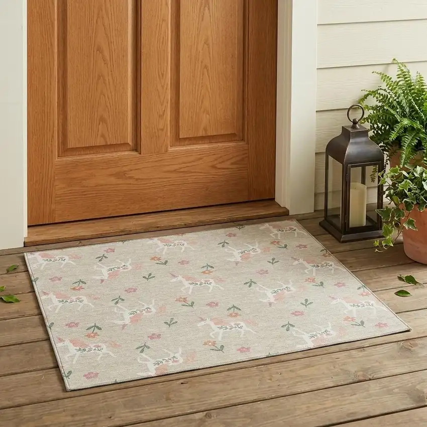 Beige And Gray Floral Washable Indoor Outdoor Area Rug Photo 1