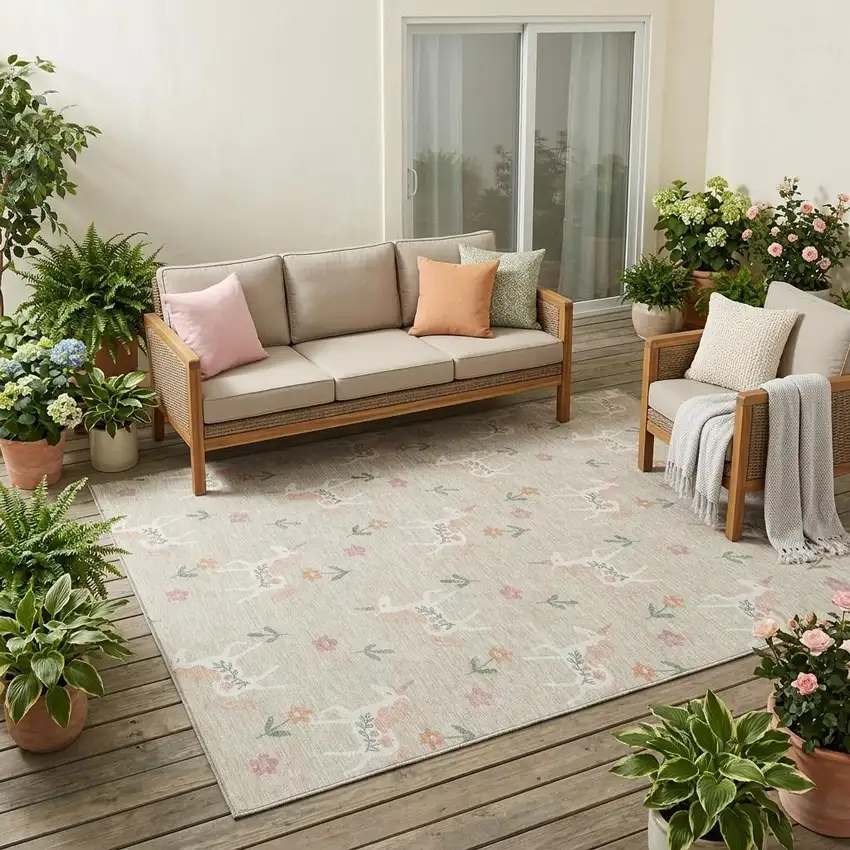 Beige And Gray Floral Washable Indoor Outdoor Area Rug Photo 1