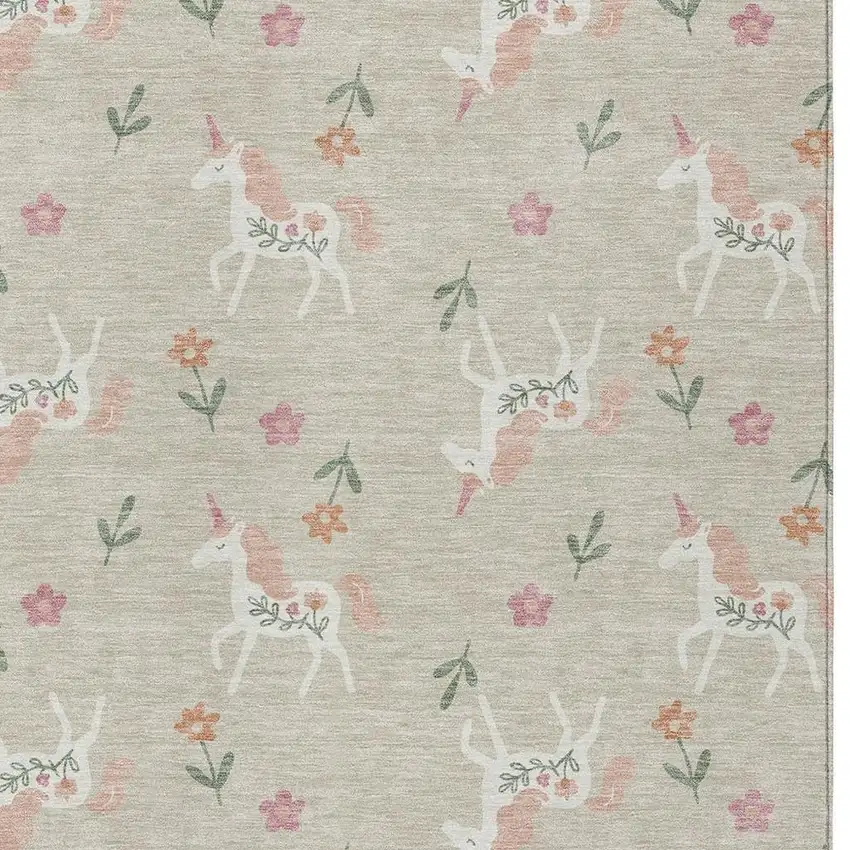 Beige And Gray Floral Washable Indoor Outdoor Area Rug Photo 3