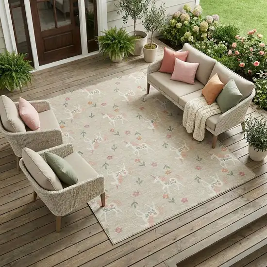Beige And Gray Floral Washable Indoor Outdoor Area Rug Photo 1