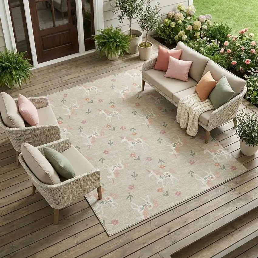 Beige And Gray Floral Washable Indoor Outdoor Area Rug Photo 1