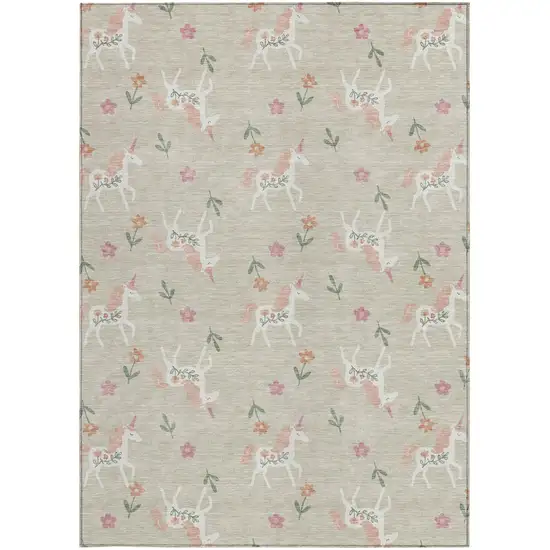 Beige And Gray Floral Washable Indoor Outdoor Area Rug Photo 3