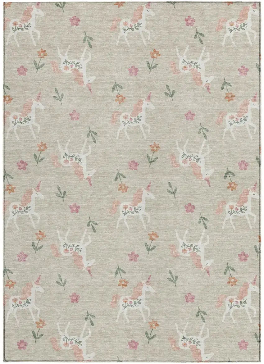 Beige And Gray Floral Washable Indoor Outdoor Area Rug Photo 3