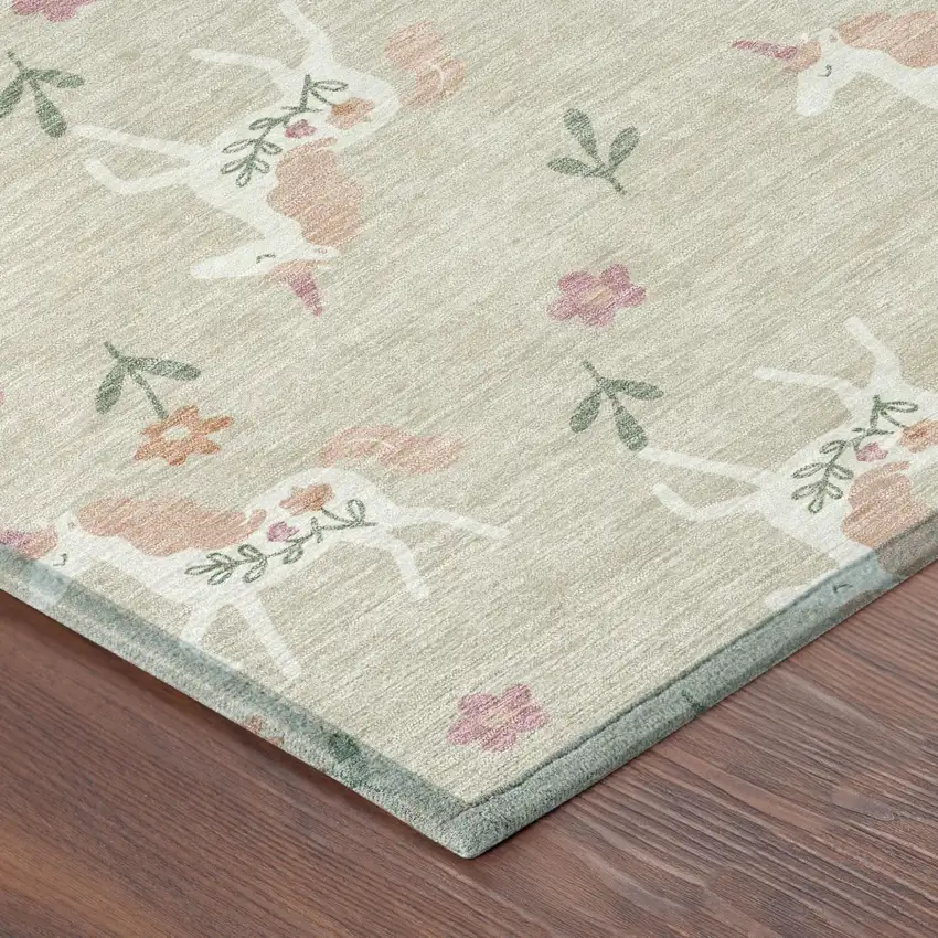 Beige And Gray Floral Washable Indoor Outdoor Area Rug Photo 6