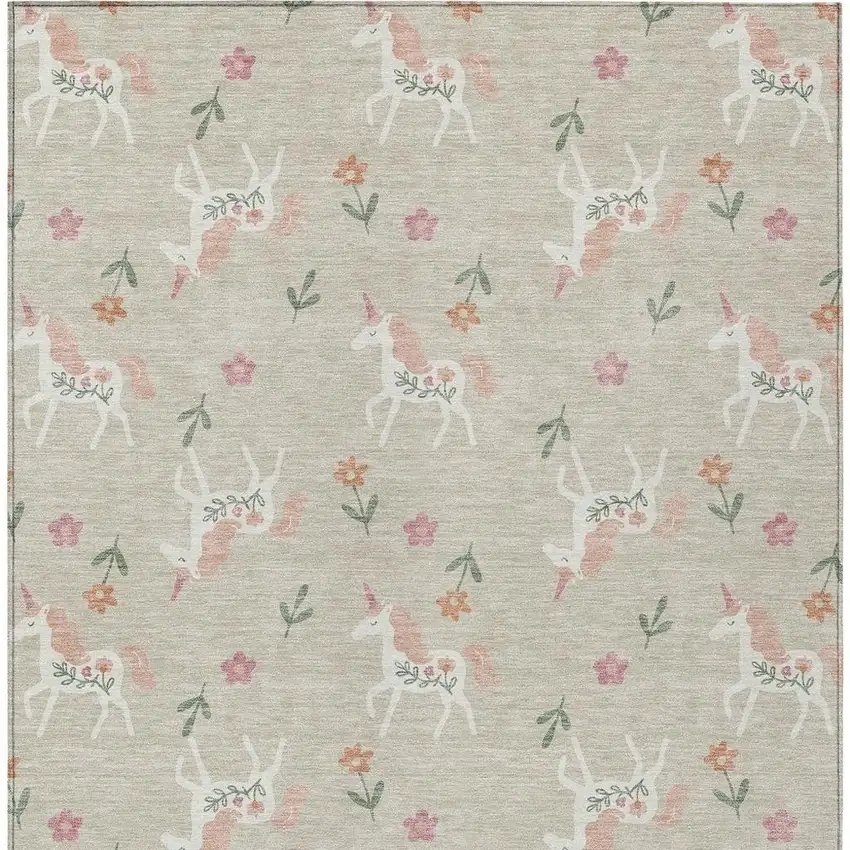 Beige And Gray Floral Washable Indoor Outdoor Area Rug Photo 5