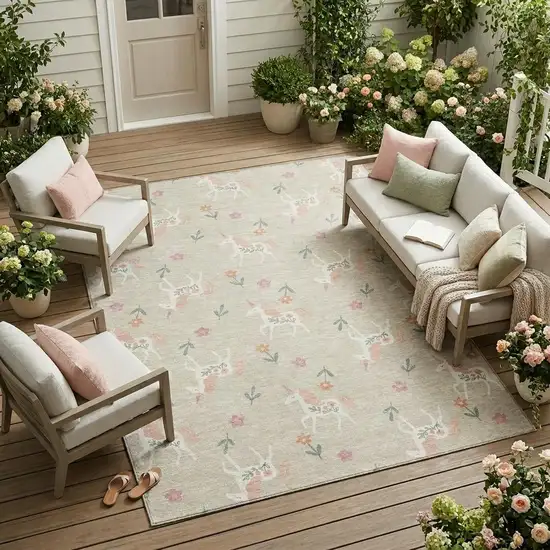 Beige And Gray Floral Washable Indoor Outdoor Area Rug Photo 1