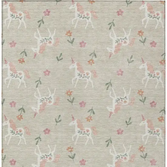 Beige And Gray Floral Washable Indoor Outdoor Area Rug Photo 6