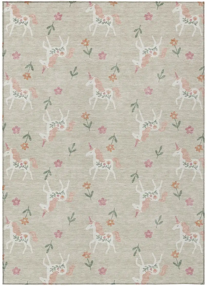 Beige And Gray Floral Washable Indoor Outdoor Area Rug Photo 2