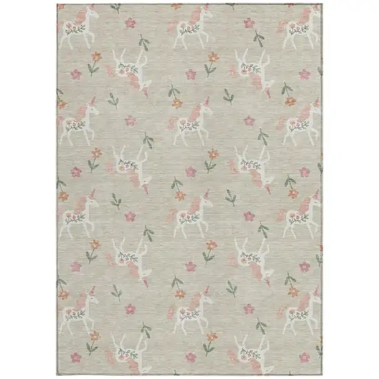Beige And Gray Floral Washable Indoor Outdoor Area Rug Photo 4