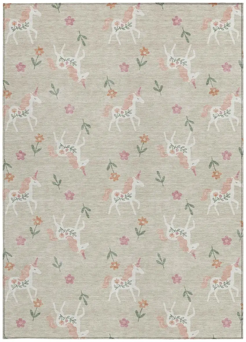 Beige And Gray Floral Washable Indoor Outdoor Area Rug Photo 4