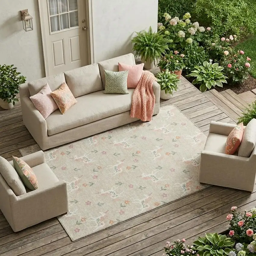 Beige And Gray Floral Washable Indoor Outdoor Area Rug Photo 1