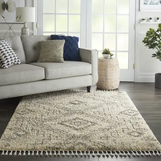 Beige And Gray Geometric Shag Non Skid Area Rug With Fringe Photo 5