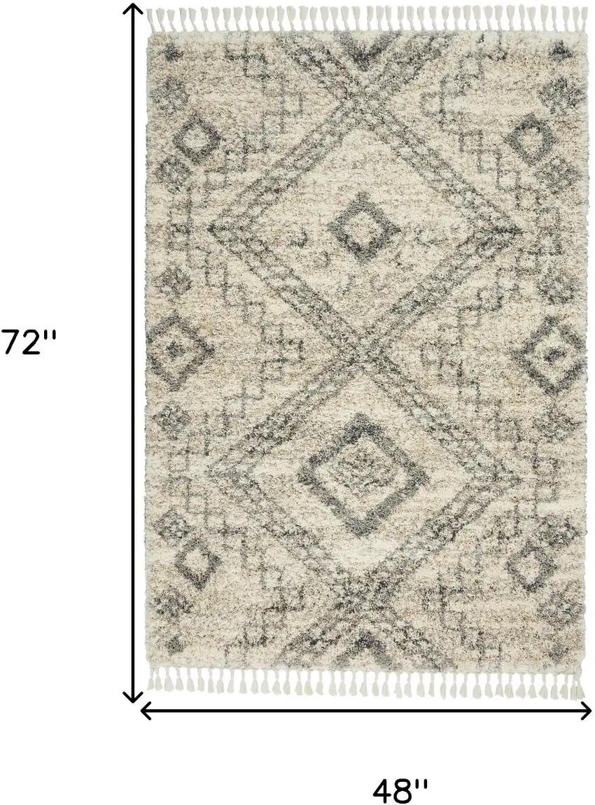 Beige And Gray Geometric Shag Non Skid Area Rug With Fringe Photo 3