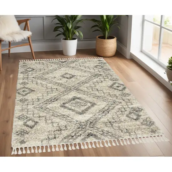 Beige And Gray Geometric Shag Non Skid Area Rug With Fringe Photo 1