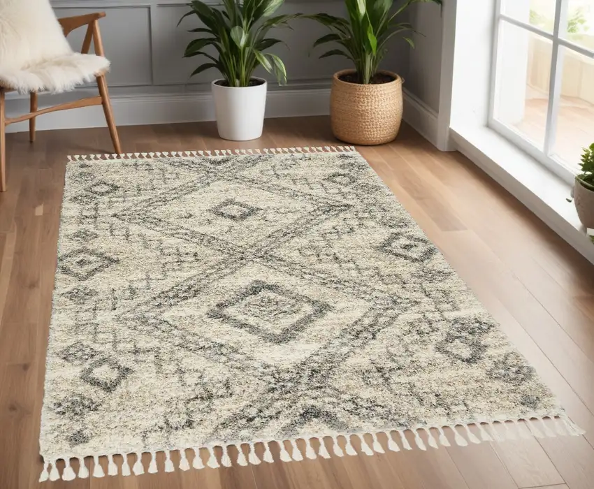 Beige And Gray Geometric Shag Non Skid Area Rug With Fringe Photo 1