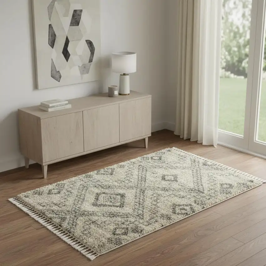 Beige And Gray Geometric Shag Non Skid Area Rug With Fringe Photo 1